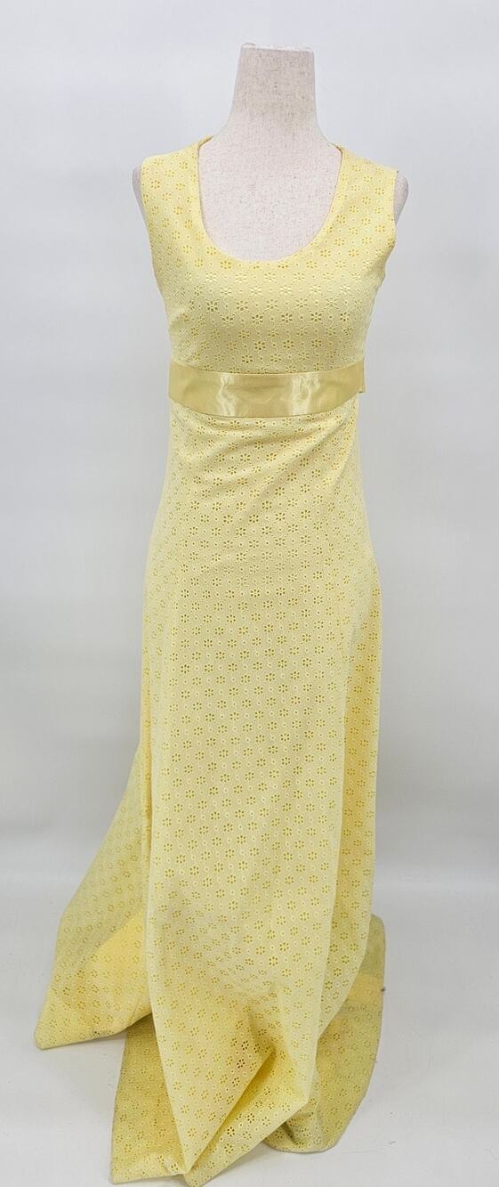 Vintage Handmade Women's Yellow Floral Eyelet Empire Waist Maxi Gown